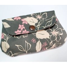 DIXIE Mini Clutch Purse - Pink n Biege Flowers on Grey