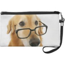 Dog wearing tie and glasses sitting on chair Wristlet