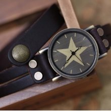 Double Slim Leather Strap Round Copper Color Star Dial Quartz Women's Watch 1293