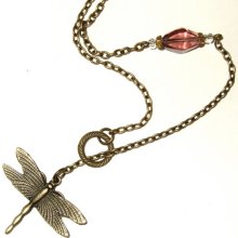 Dragonfly Necklace Y Lariat Charm Pendant Vintage Purple Beads