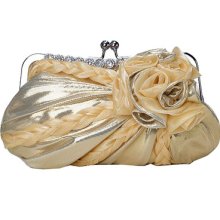 Dull Gold Shimmer Evening Clutch Purse Bag With Rhinestones, Braids & Flower