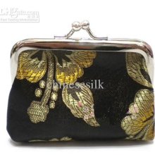 Elegant Black Coin Purse Little Clutch Bag Silk Fabric Clasps Coin P