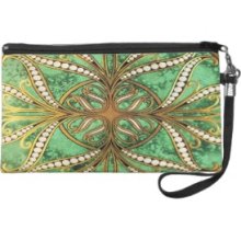 Elegant Green and Gold Damask Wristlet Purse