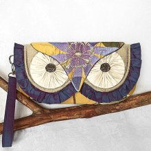 Embroidered Silk Owl Clutch Wristlet - MADE TO ORDER