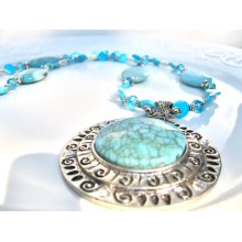 Ethnic Style Necklace, HIstorical Style, Sun Dial Pendant, Amazonite And Crystals, 