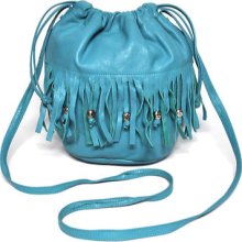 Etra Vtg Blue Turquoise Fringe Bead Leather Pouchette Drawstring Cross Body Bag