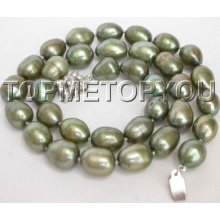 Excellent 13x10mm Green Drop Fw Pearls Necklace E473