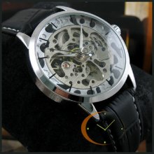 Excellent Mens Watch Auto Mechanical Silver Skeleton Black Leather