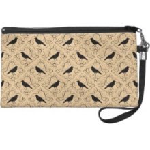 Fancy Pattern with Crows. Black and Beige. Wristlet