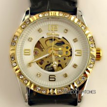 Fashion Crystal Golden Visible Skeleton Automatic Mechanical Lady Women Watch