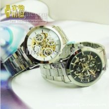 Fashion Hollow Automatic Black White Dial Mechanical Wrist Watch Via