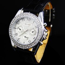 Fashion Mens Black Leather Strap Bling Crystal Quartz Wrist Watch