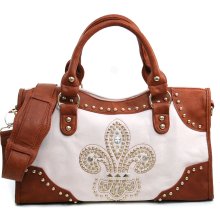 Fashion Satchel Handbag w/ Rhinestone Studded Fleur de Lis - White / Brown - Black