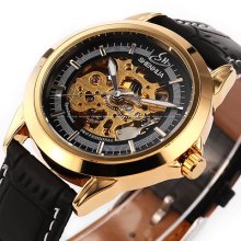 Father's Gift Skeleton Automatic Mechanical Men Leather Dress Analog Wrist Watch