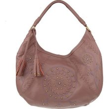 Fiore by Isabella Fiore Leather Hobo w/ Embroidery and Stud Details - Tea Rose - One Size