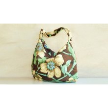 Floral Hobo Zipper Purse - Slouch Shoulder Bag in Green Blue Bamboo (no8)