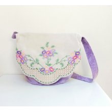 Fold Top Shoulder Bag - Vintage Hand embroidered Linen