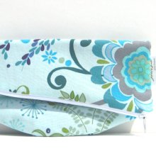 FoldOver Clutch. Small Pouch. Valori Wells Peacock Fabric Wallet. Spring Line. Flower Pattern in aqua, greens, blues, and purple.