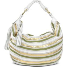 Fontanelli Designer Handbags, Cream Leather Striped Suede Gusset Hobo Bag