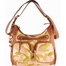 Fossil Shelby Cognac Leather & Camouflage Canvas Zip Top Cargo Pocket Hobo