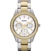 Fossil Stella Two Tone Silver/gold Glitz Watch Stainless Chronograph Es2944