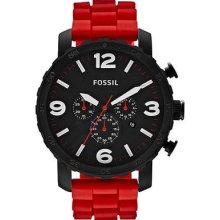 Fossil Watch Men's Nate Chronograph Black With Red Silicone Strap Jr1422