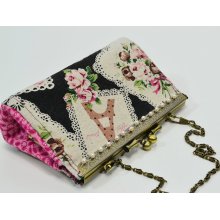 French Clutch Purse with Pearls - Paris Postcard Fabric with Roses