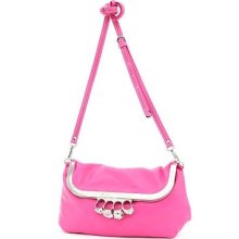 Fuchsia Push Lock Flap Skull Accent Women Shoulder Bag With Adjustable Strap