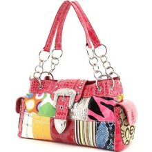 Fuschia Rhinestone Buckle Accent Multi Pattern Patchwork Satchel