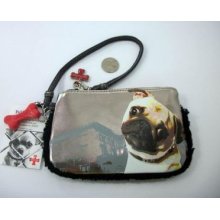 Fuzzy Nation Flat Pug Wristlet Purse Pouch Cell Makeup Case