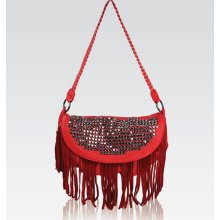 Galian Fringe Handbag Rhinestone Glimmer Shoulder Bag - Red