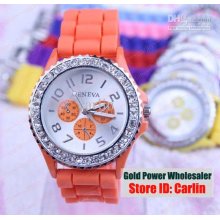 Geneva Watches Jewelled Diamond 3 Eyes Watch Luxury Women Silicone J