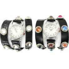 Geneva Women's Rhinestone Mother Of Pearl Wrap-around Watch Color Black