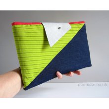 Geometric clutch purse neon green chartreuse cotton navy denim colour block bag white leather flap memake handmade fashion accessory