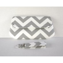 GIFT SET Clutch and Key Fob in Gray and White Chevron by waterpath