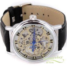 Goer Handwinding Mechanical Watch Mens Skull Skeleton Silvery Leather Gift