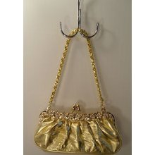 Gold/crystal Leather Like Framed Clutch Evening Purse Pristine