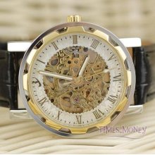 Golden Roman Numbers Skeleton Automatic Wristwatch Fashion Mens Gift