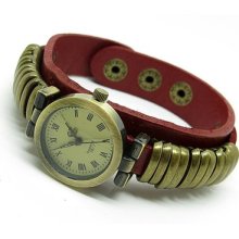 Goldtone Links Genuine Cowhide Leather Women Quartz Fashion Bracelet Wrist Watch