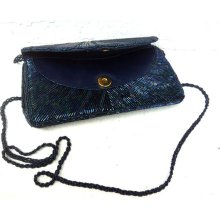 Gorgeous Dark Blue BEADED COVERTIBLE CLUTCH Purse - 1980's True Vintage Handbag