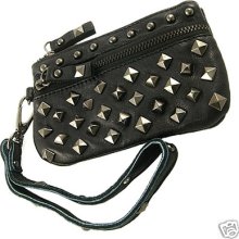 Gothic Punk Style Stud Adorned Leather Clutch Purse Small Size Black Bg004bks