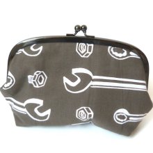 Gray and White Spanner Print Fabric Gadget Pouch With Geometric Cirlces Cotton Lining