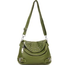 Green Washed Pockets Studs Designer Shoulder Handbag Bag Purse