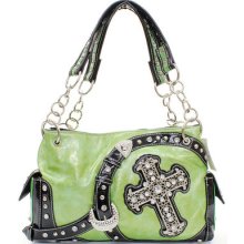 Green Western Cowgirl Bling Rhinestone Cross Buckle Purse Handbag J1613a