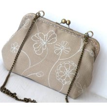 Hand stitched white flowers on beige kanvas ,shoulder bag,purse,hand bag,clutch