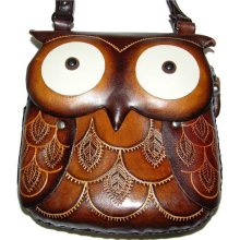 Handmade Leather Owl Crossbody Purse Brown