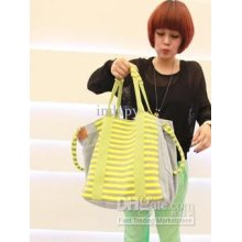 Hb024 Double Fluorescent Stripe Denim Pocket Tote Shoulder Bag Women