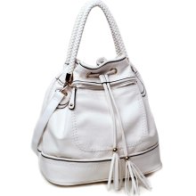 Hobo bag w/ drawstring tassel & braided strap accents - white