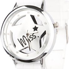 Hollow Out Star Pattern Unisex Design Quartz Wrist Watch with Crystal Decoration - White