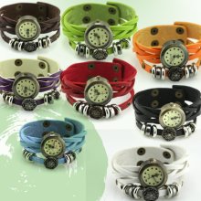 Hot Weave Wrap Around Leather Bracelet Lady Woman Wrist Watch